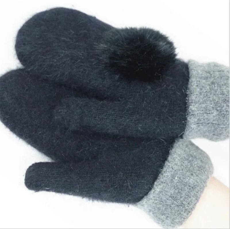 LJCUIYAO Модные женские зимние перчатки для девочек Однотонные кроличьи меховые варежки мягкие теплые яркие цвета двухслойные женские красные перчатки - Цвет: G114 Black