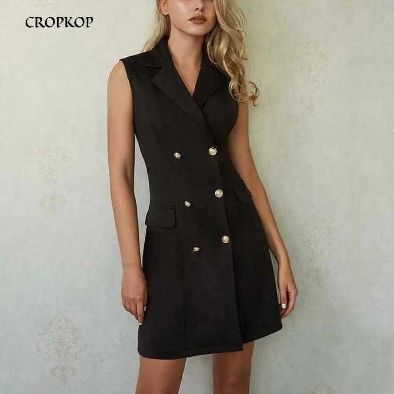 

Vestidos Women Sleeveless Mini Blazer Dress 2019 New Autumn Spring Sexy Short Double-breasted V Neck Wrap Ladies Office Clothing