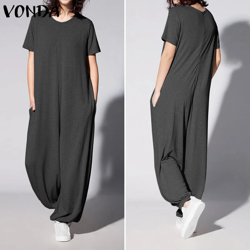 

VONDA Womens Overalls Rompers Women Jumpsuits Solid Color Casual Loose Short Sleeve Playsuits Wide Leg Pants Plus Size Pantalon