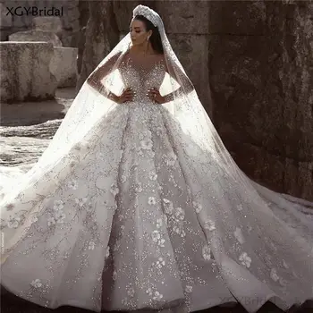 شراءوصول جديد فاخر العاج كم طويل فساتين الزفاف 2021 الزهور الصناعية فستان زفاف مطرز مخصص Vestido De Noiva