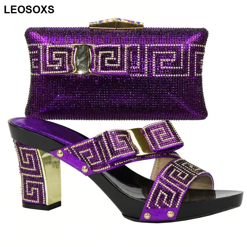 

New Purple Color Matching Women Shoes and Bag Set Decorated with Rhinestone Nigerian Party Shoes and Bag Set Italy Shoes and Bag