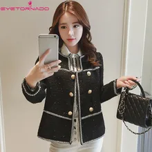 Women Chains Patchwork Double Breasted Tweed Jacket Autumn Short Casual Basic Black Work Office Wool Coats Korean Style Outwear