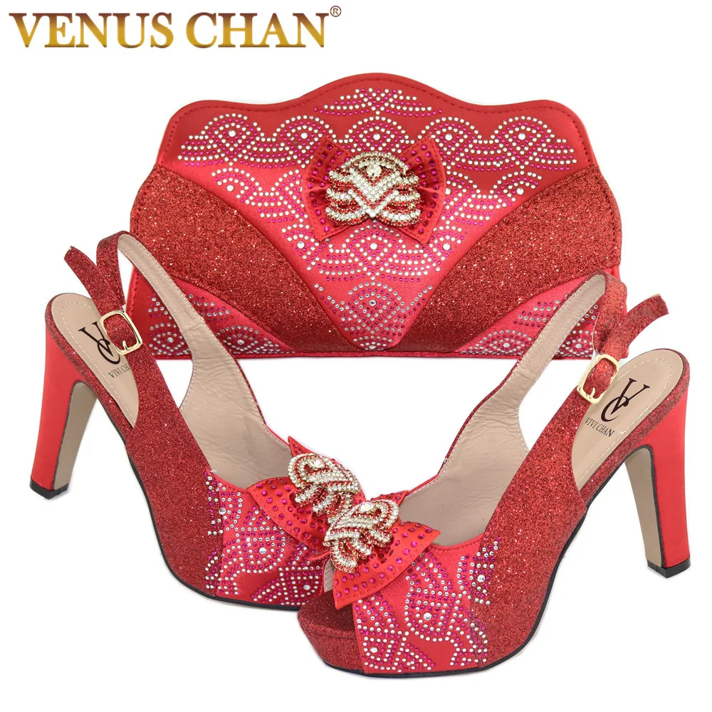

2020 New Arrival Fashion Noble and Elegant Golden Ears of Wheat Shape Decorative Ladies Shoes and Bag Set in Red Color for Party