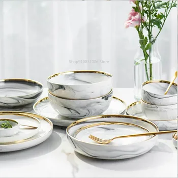 

Golden marble plate set ceramic kitchen utensils salad noodle bowl soup cooking tools