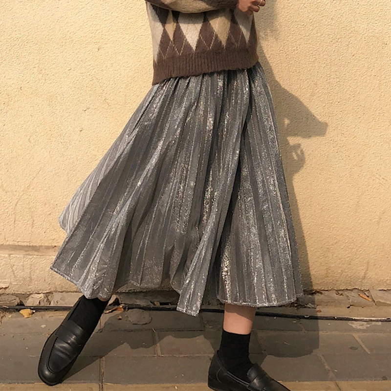 Высокая мода осень плиссированная юбка для женщин блестящие Bling миди юбка куртка Femme Falda Mujer Gonne goning Saia
