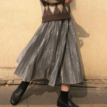 Высокая мода осень плиссированная юбка для женщин блестящие Bling миди юбка куртка Femme Falda Mujer Gonne goning Saia