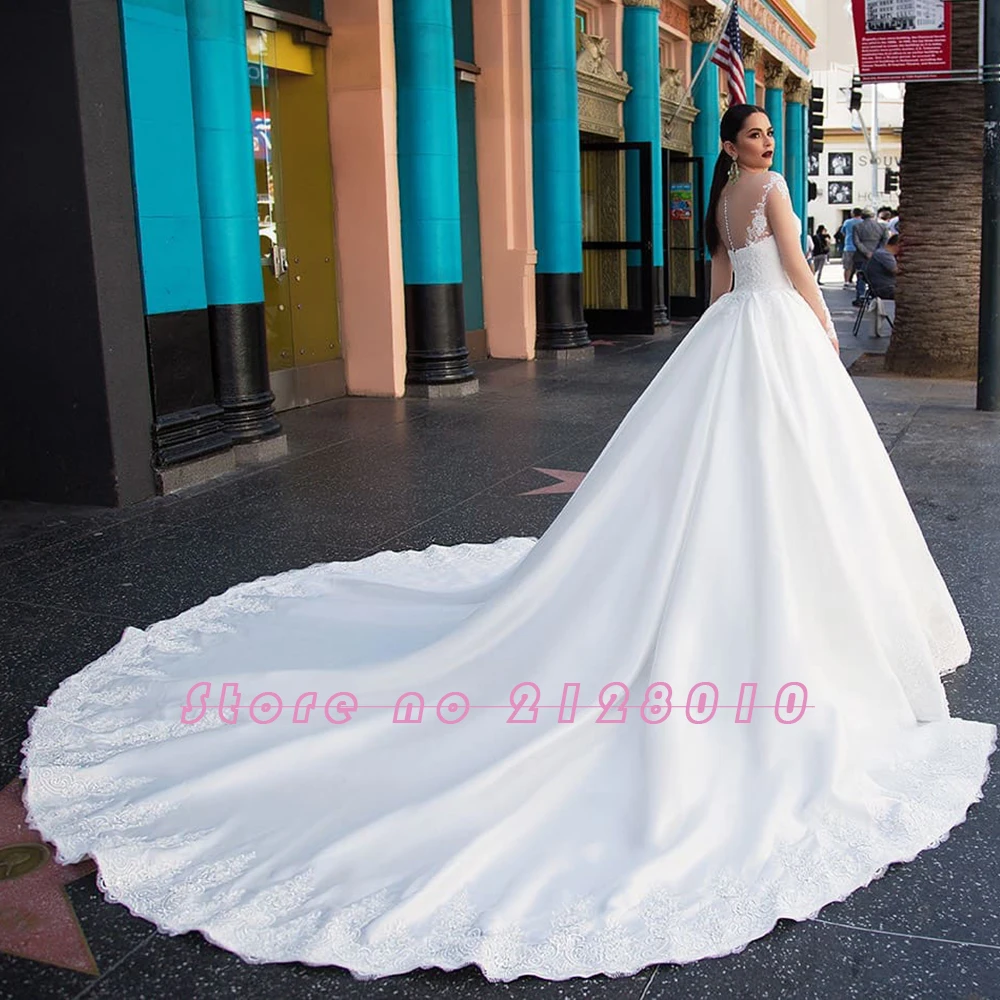 Роскошное бальное платье из французского атласа; свадебное платье; Robe De Mariee; платье принцессы на пуговицах с длинными рукавами и аппликацией в виде цветов и бусин
