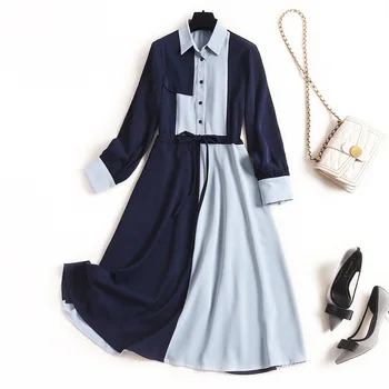 

Women color block shirtdress new 2020 spring summer button front long sleeve a-line drawstring waist elegant dresses blue red