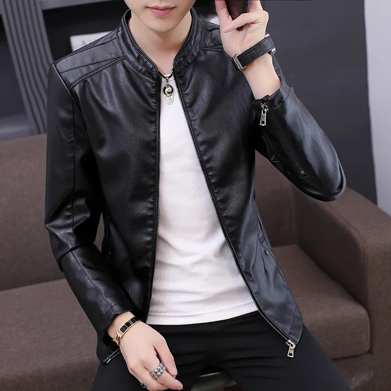 MEN'S Leather Coat Motorcycle Jacket Spring Korean-style Slim Fit Trend Handsome Stand Collar PU Leather Jacket Men'S Wear