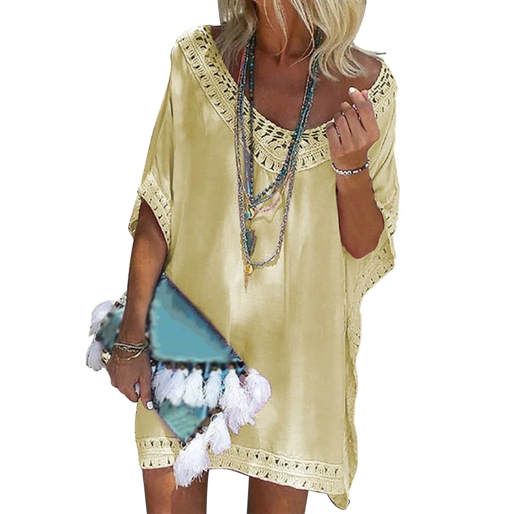 Women Holiday Summer Beach Mini Solid Loose Short Sleeve Ladies Fashion Beach Dress Hollowed Brim One Size V Neck