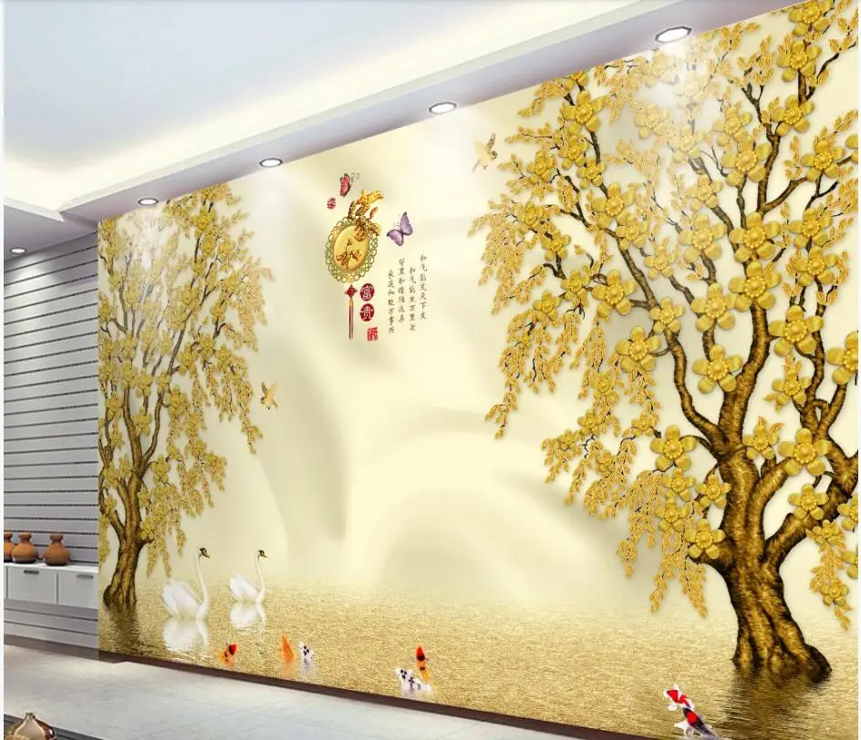 WDBH 3d photo wallpaper custom mural Golden tree swan lake fish background home decor living room wallpaper for walls 3 d