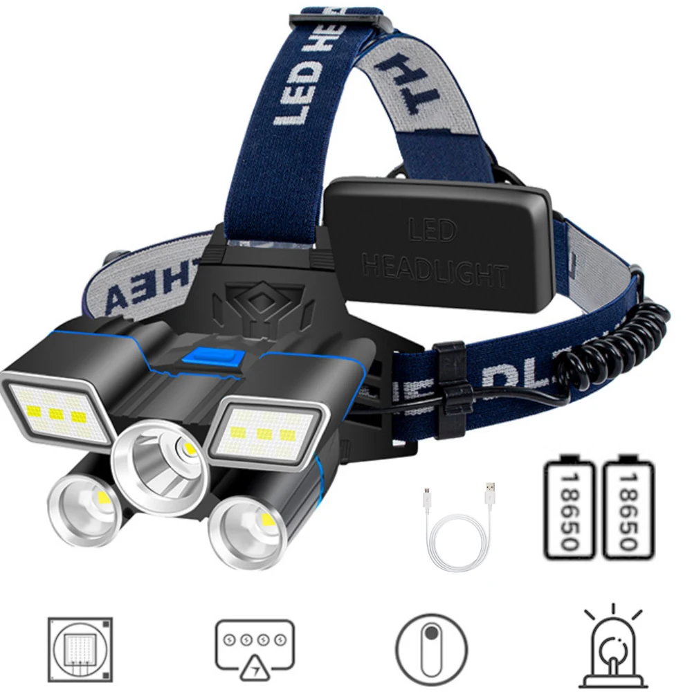 

5800LM XML L2 LED Hunting Headlamp 18650 USB Rechargeable Work Lamp Fishing Flashlight Warning Strobe Light Camping Tent Lantern