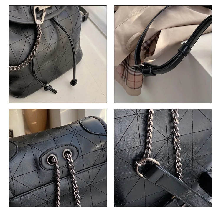 Women's Fashion Soft Leather Backpack With Chain Female Large Capacity Geometric Backpack Purse Girls Travel Bags Black Wine red (1)
