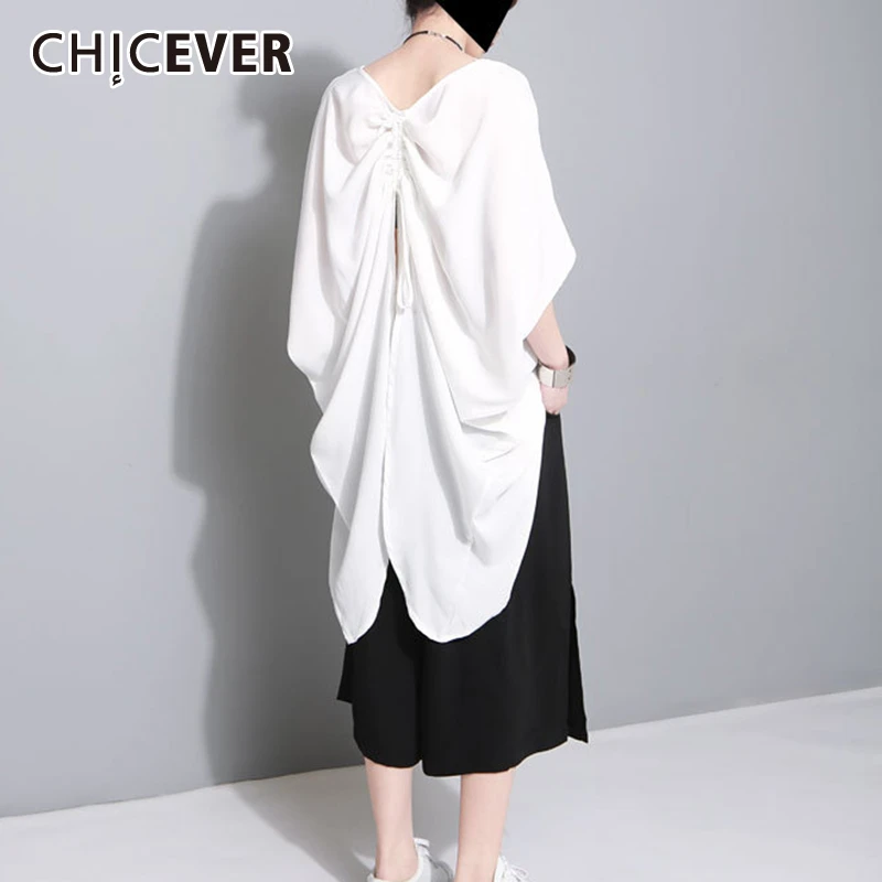 Женская футболка с рюшами CHICEVER асимметричная свободная круглым вырезом рукавом