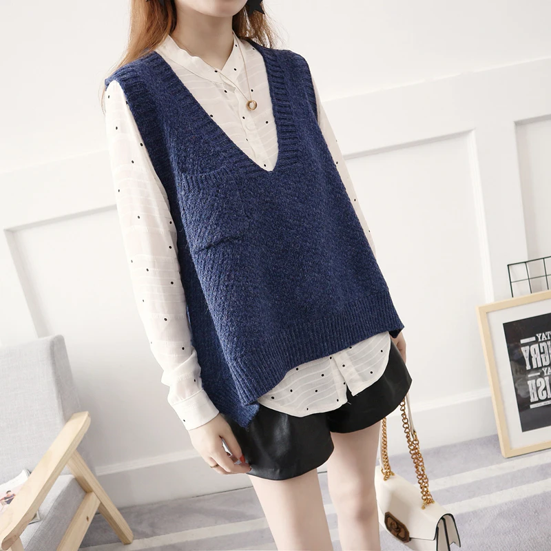 Тёмно-синий Oversized women sweater vest Autumn winter plus size women sweaters Fashion V neck casual knitting pullover with pocket - Цвет: Тёмно-синий