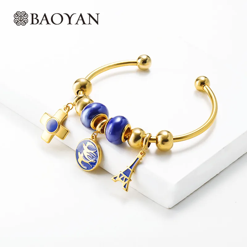 Baoyan, ручной работы, эмалированный браслет, позолота, нержавеющая сталь, открытые манжеты, браслеты, слон, сова, дерево, очаровательные браслеты для женщин - Окраска металла: SSBTG142-14624