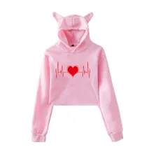 С кошачьими ушками, однотонная женская толстовка с длинными рукавами и вышивкой, короткий пуловер с капюшоном, топы, милый стиль, высокая