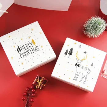 

10PCS White Merry Christmas elk design Paper Box cookies Macaron DIY Christmas Party favors Gifts Packaging boxes square