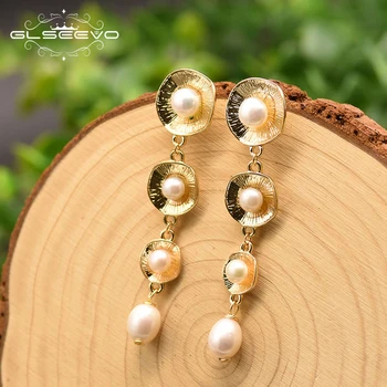 

GLSEEVO Fresh Water White Pearl Vintage Long Minimalist Earrings For Women Luxury Handmade Fine Jewelry Pendientes Mujer GE0845