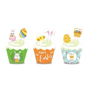 

48pcs Easter Cupcake Wrapper And Cake Toppers Set Bunny Easter Egg Theme Fruit Insert Cake Decorations Linner Paper Fruit Picks