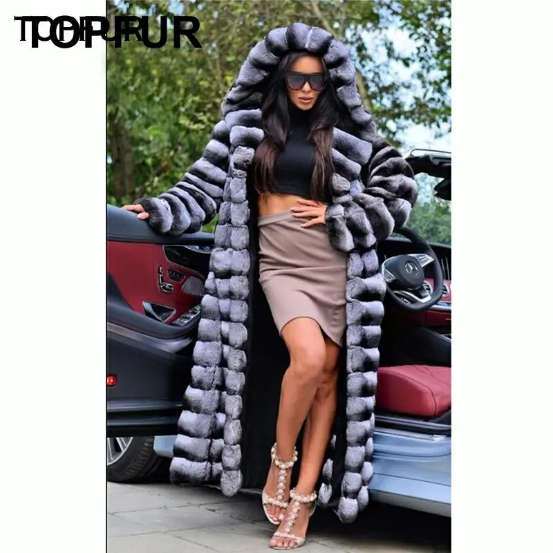 Женская Шуба с капюшоном TOPFUR Длинная зимняя шуба из меха Рекс и кроличьего |