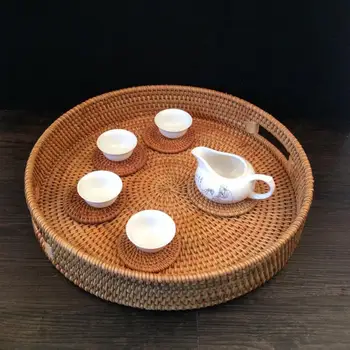 

Rattan Bread Basket Round Hand-Woven Tea Tray With Handles For Serving Dinner Parties Coffee Breakfast