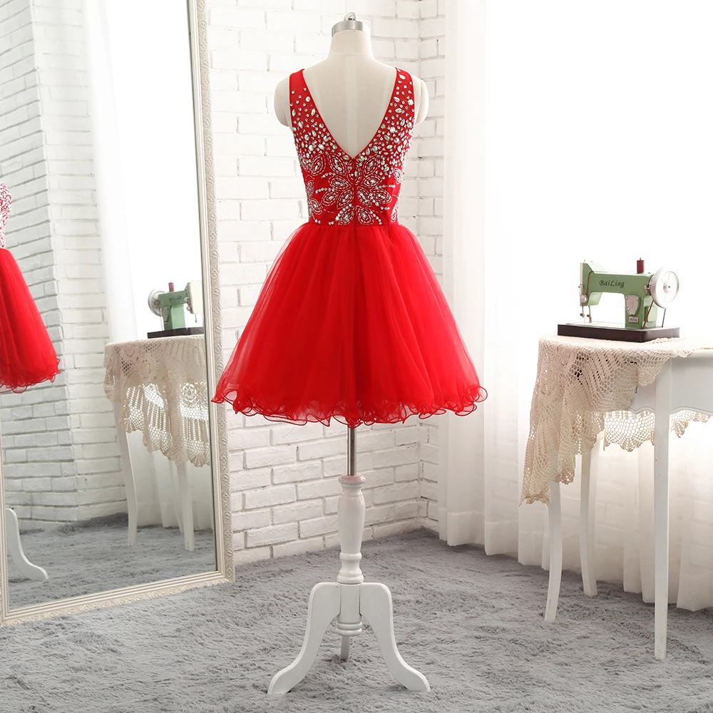 Милое красное короткое платье с v-образным вырезом Vestidos De Festa, украшенное стразами, бисероплетение, а-силуэт, платья с открытой спиной