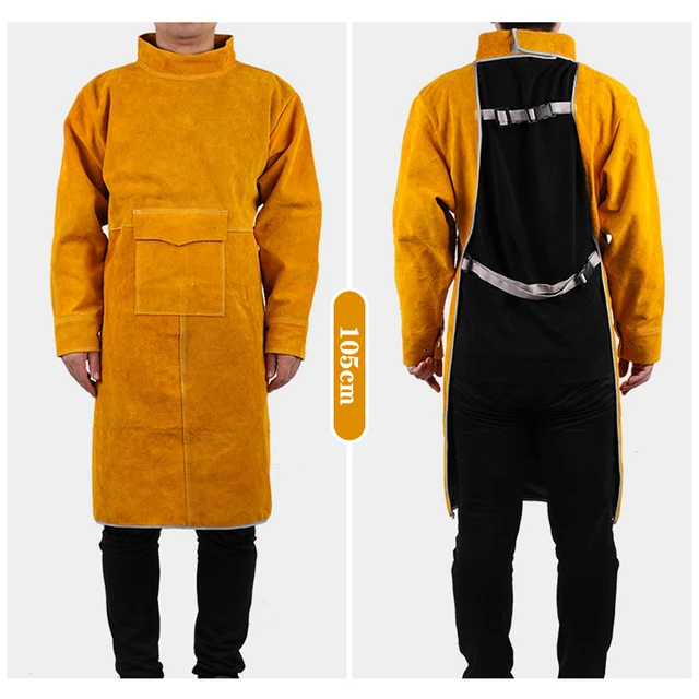 Cowhide Work Clothes Apron Welding Protective Clothing Heat and Fire Resistant Welders Safety Clothing  Welding Apron yellow 105cm
