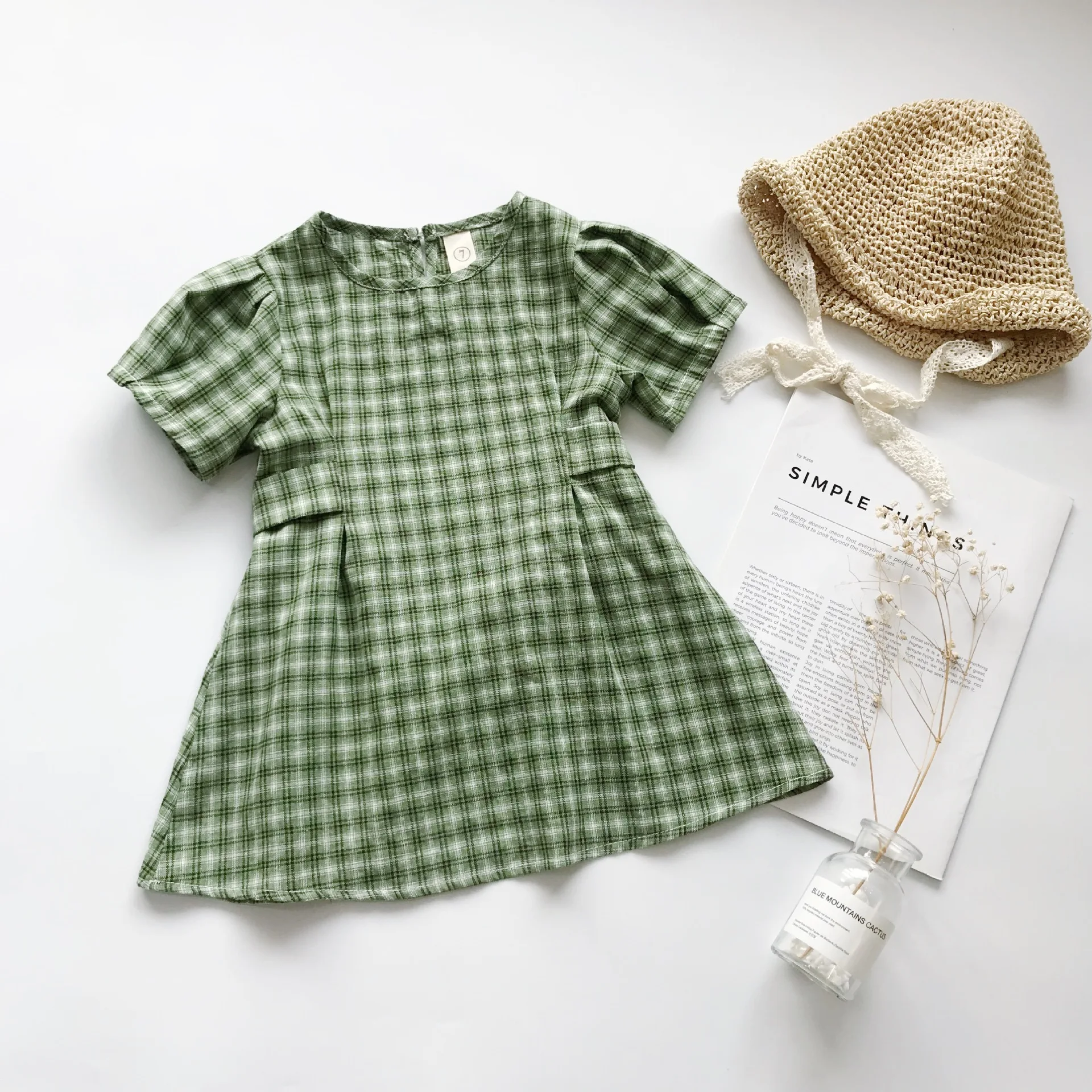 Новое летнее корейское Хлопковое платье в зеленую клетку для маленьких девочек