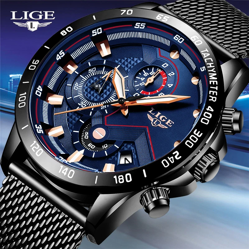 Relojes Hombre LIGE Лидирующий дизайн Бизнес Кварцевые часы для мужчин сетка полный стальной водонепроницаемый спортивный хронограф Мужские часы мужские