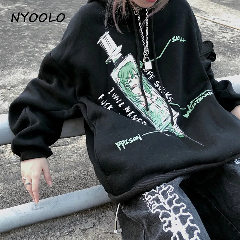 NYOOLO Harajuku уличная аниме needle girl с буквенным принтом толстовки осень зима с капюшоном пуловеры утолщенная теплая Толстовка для женщин и мужчин