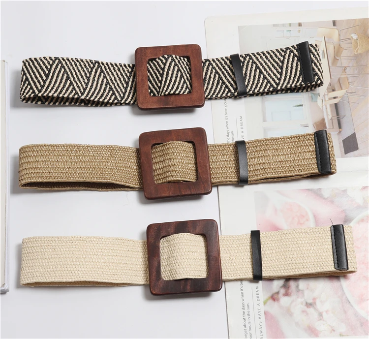 

New Vintage Knitted Wax Rope Wooden Bead Waist Rope Women Smooth Buckle Belt Woman Woven Female Hand-Beaded Braided Belt BZ20