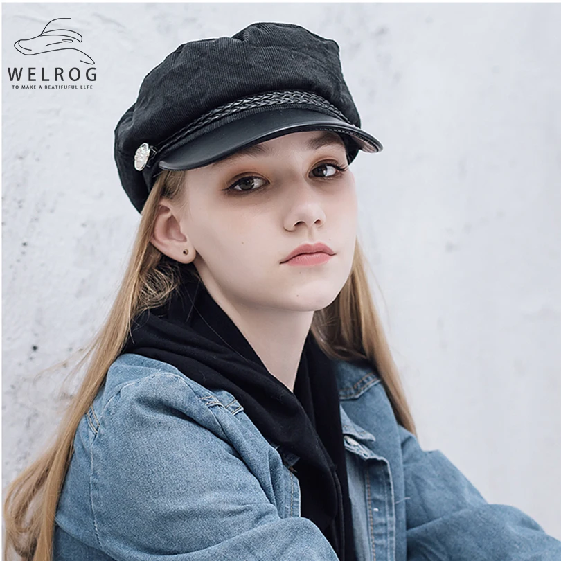 

WELROG 2020 Fashion Corduroy Military Hat PU Leather Visor Baker's Newsboy Hats Women Cool Sailor Hat Vintage Student Cap Beret