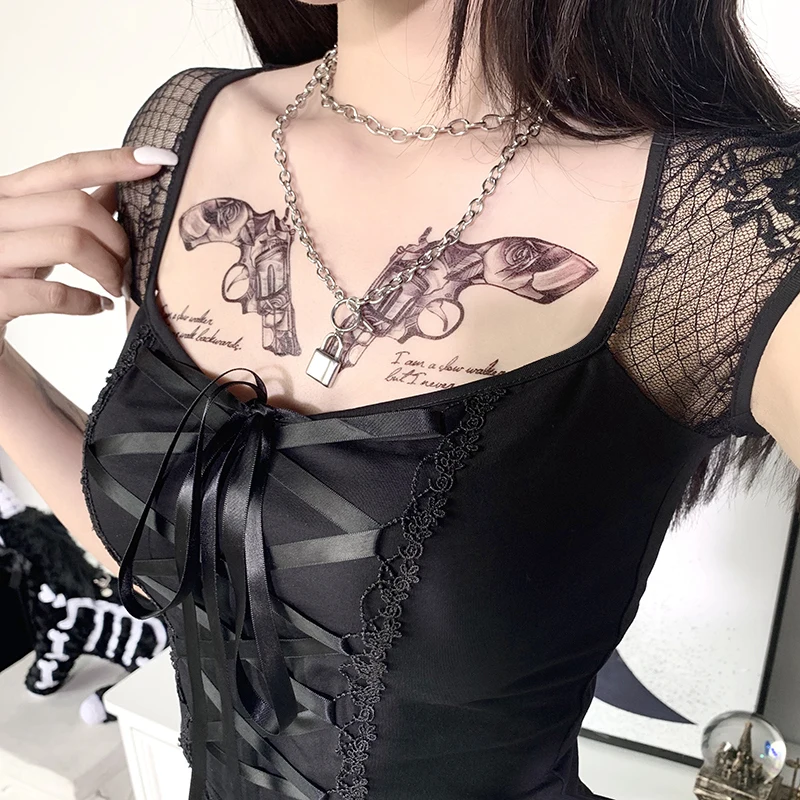 Vintage Tops Goth T-Shirt Frauen Bodycon Bandage Spitze schwarz T-Shirts Gothic Streetwear sexy weibliche Top Casual Mesh T-Shirt – Detail 6