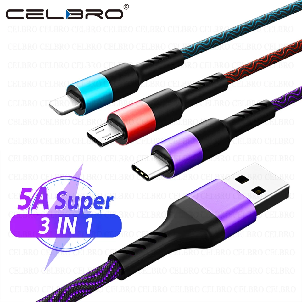 3 в 1 USB кабель 5A Micro Type C для быстрой зарядки Samsung Galaxy Note 20 S20 Ultra Xiaomi mi 10 9 Pro Tipo
