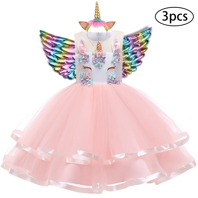 Rainbow Unicorn Dress For Girls Easter Elsa Costume Princess Dress 3Pcs Kids Baby Girls Clothes Birthday