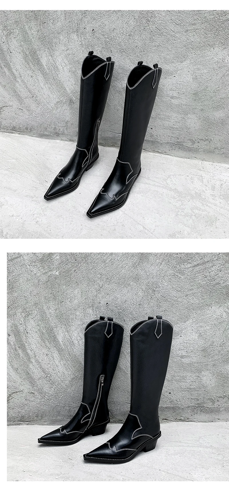 Genuine Leather boots women pointed toe chunky hight heel knight boots embroider retro style lady knee high boots black2019 new