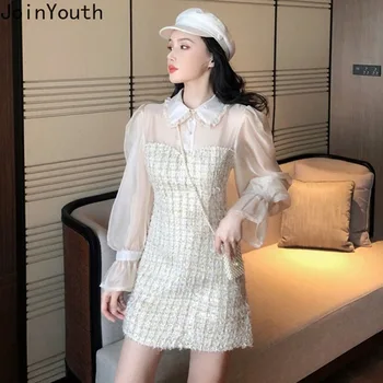 

Joinyouth Dresses Mesh Sleeves Patchwork Robe Femme Button Full A Line Dress Peter Pan Collar Ropa Mujer Retro Fashion Cloth 269