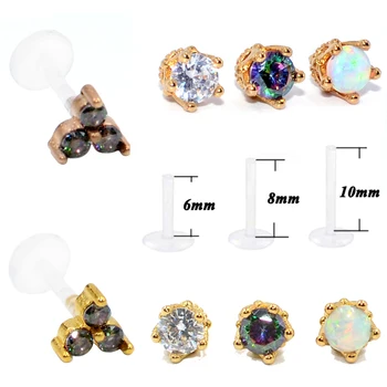 

5PCS Gold Crown King Bioplast Flexible Push-in Labret Stud Lip Ring Triangle Zircon Ear Cartilage Tragus Helix Piercing Jewelry