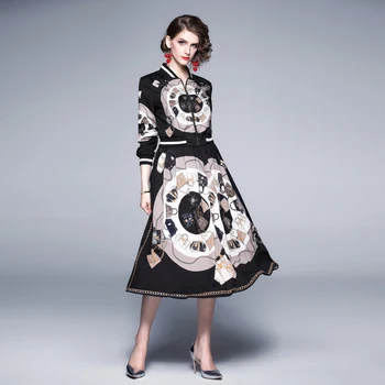 

A-Fashion Designer Two Piece Set 2020 Autumn Women Chain Printed Tracksuit Long Sleeve Short Jacket Coat And Long Skirt Set