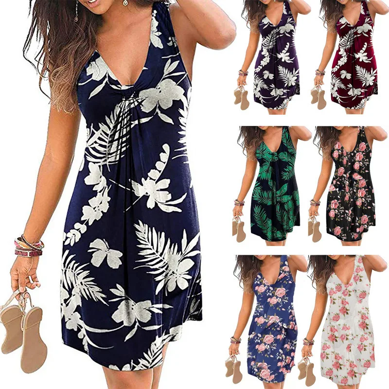 Playa impresión Boho Vestidos para las mujeres 2021 Sexy V-cuello sin mangas, suelto vestido de talla grande de verano para mujeres, Vestidos Casual Vestidos