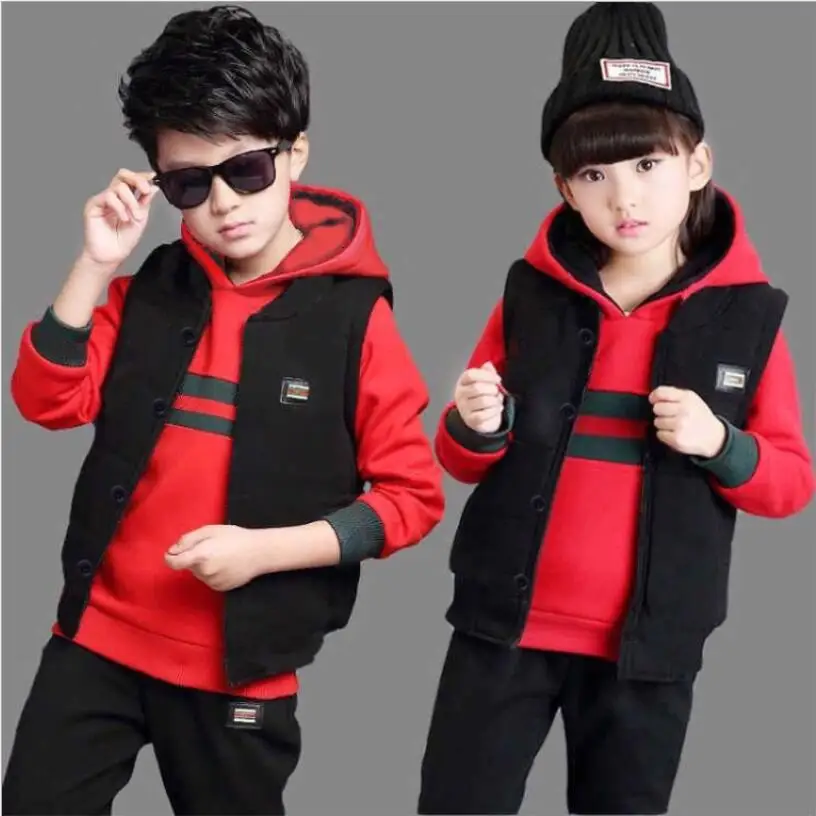Autumn children's clothes boys and girls new children's sanitary clothes three-piece suit with velvet medium-sized children