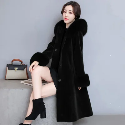 black AYUNSUE, настоящее меховое пальто, женское, длинное, парка, с мехом, пальто, новинка, зимнее, с капюшоном, большое, Лисий мех, воротник, теплое пальто LX2419 - Цвет: black