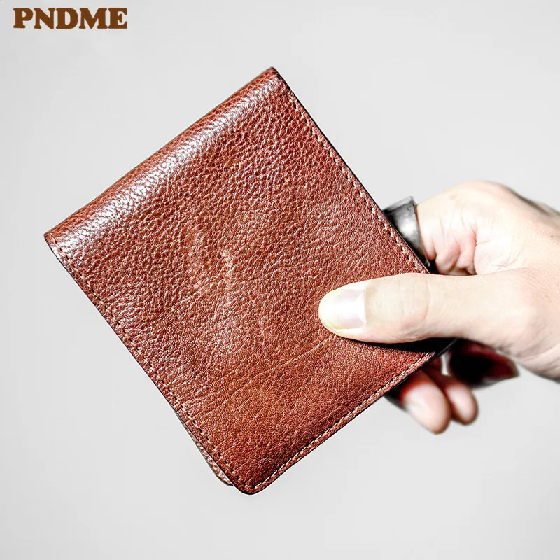 

PNDME vintage simple full genuine leather men's wallet casual high quality soft cowhide short thin ID credit card holder wallet