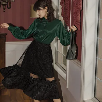 

COIGARSAM Ruffles Patchwork Women Skirt High Waist Skirts Black 3110