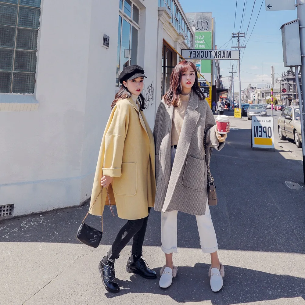 

2018 Winter New Style Retro Laziness-Style Mid-length Large Pocket Twill Woolen Jacket Padded Woolen Overcoat Women's