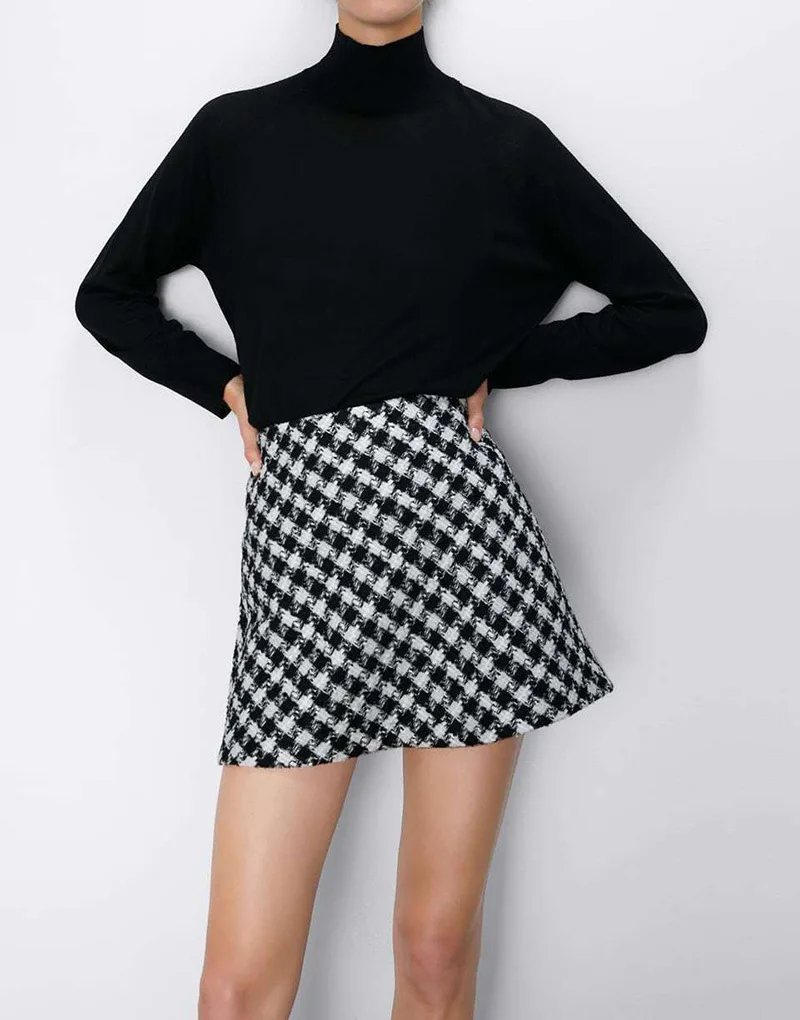 

Overplus of Goods Exported to Europe And US Women's Autumn Graceful Thousands of Birds Tweed Mini A- line Short Skirt