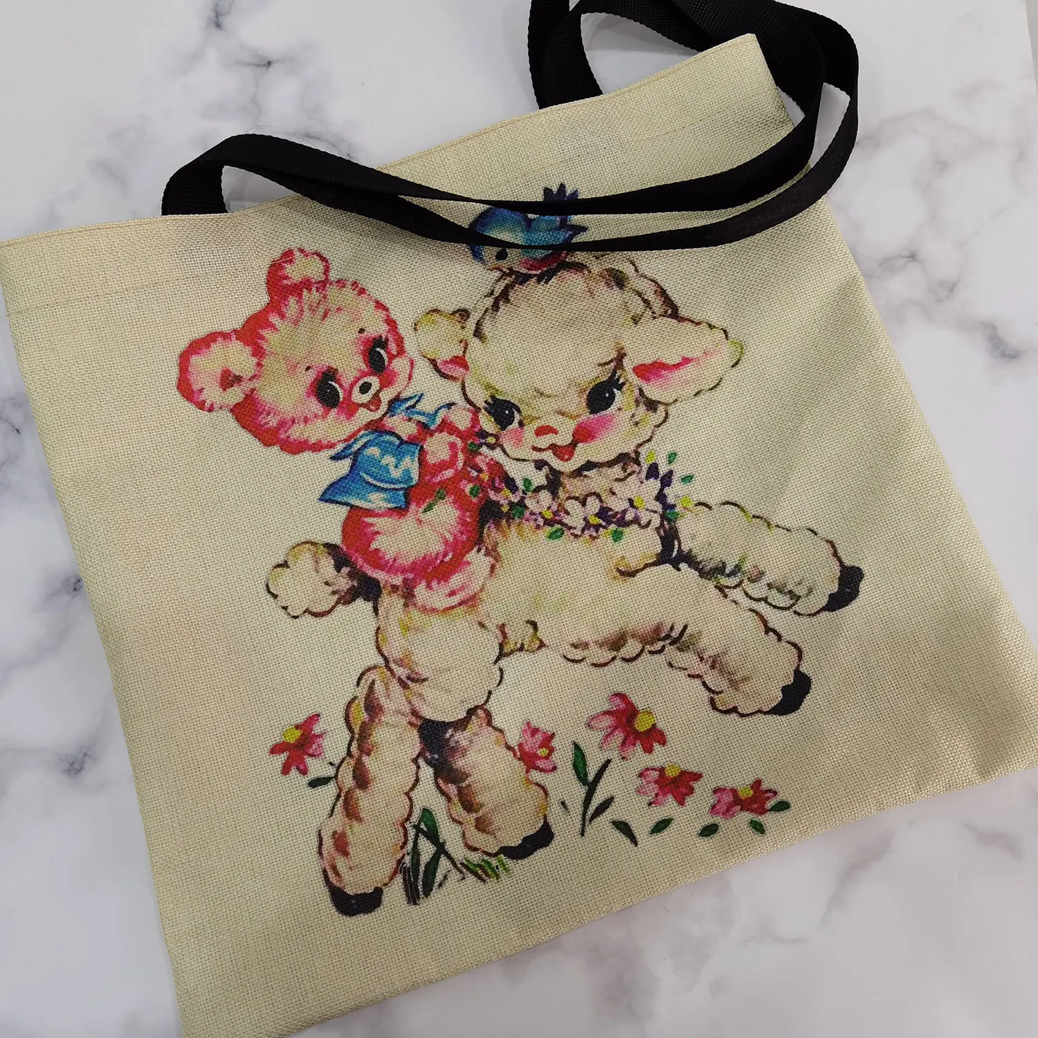 Women Handbags Linen Tote Bag Portable Large Capacity Female Shopper Bags Sheep Floral Cartoon Printed Tote Personality Cute Animal Simple Size