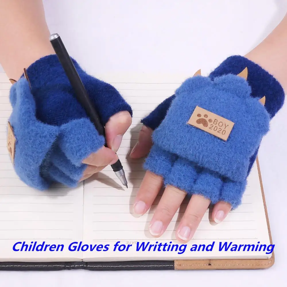 Winter Boys Fingerless Gloves Kids Flip Cover Cute Animal Warm Knitted