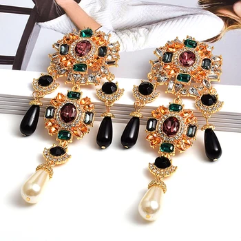 New Bohemian Vintage Metal Colorful Crystals Dangle Drop Earrings Hanging Pearls Fine Rhinestone Jewelry Accessories For Women